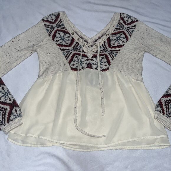 Abercrombie & Fitch S Boho Sweater Blouse W Printed Sleeves Lace Up Small Aztec - Picture 2 of 16